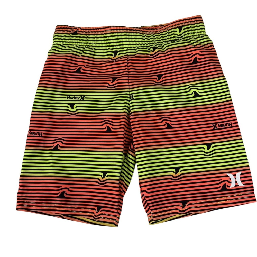 Hurley Boys 7 Swim Trunks Orange Neon Yellow Striped Shark Fin Board Shorts NWOT